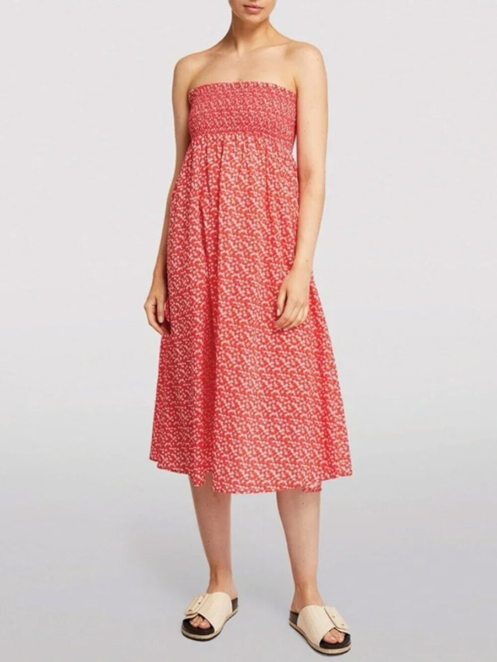 Solid & Striped Red Floral Smocked Convertible Midi Dress Size M